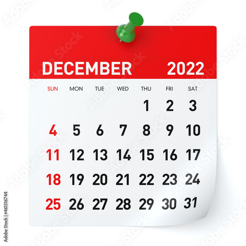 December 2022 - Calendar. Isolated on White Background. 3D Illustration photo