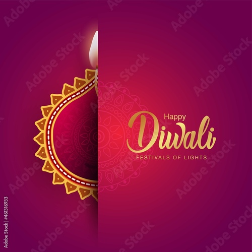 Happy Diwali celebration background. front view of banner design decorated with illuminated half oil lamps on patterned stylish background. vector illustration design