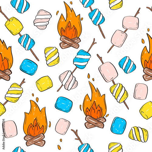 Seamless fried marshmallow pattern. Sweet food background.