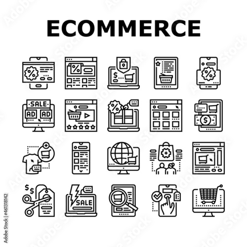 Ecommerce And Online Shopping Icons Set Vector. Ecommerce Smartphone Application And Online Payment, Electronic Purchase And Choosing Product, Discount And Sale Black Contour Illustrations