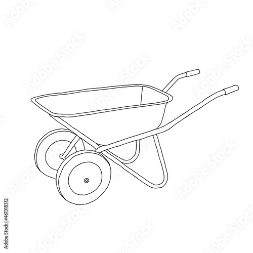 Hand drawn outline black vector illustration of a beautiful metal truck with handles for gardening isolated on a white background