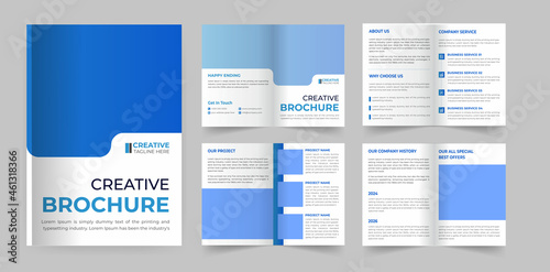 Corporate business Bifold brochure design. Blue template for bi-fold flyer. Layout with modern triangle photo and abstract background. Creative concept folded flyer or brochure.