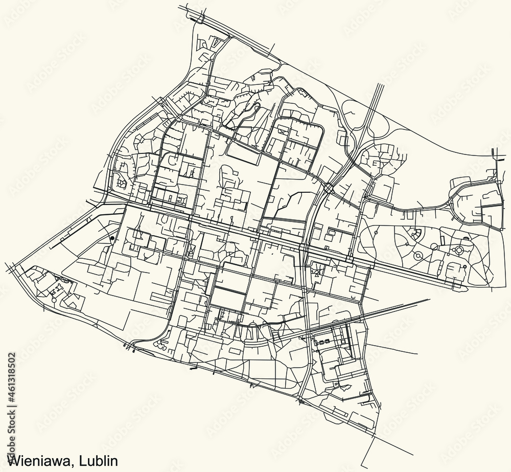 Fototapeta premium Detailed navigation urban street roads map on vintage beige background of the quarter Wieniawa district of the Polish regional capital city of Lublin, Poland