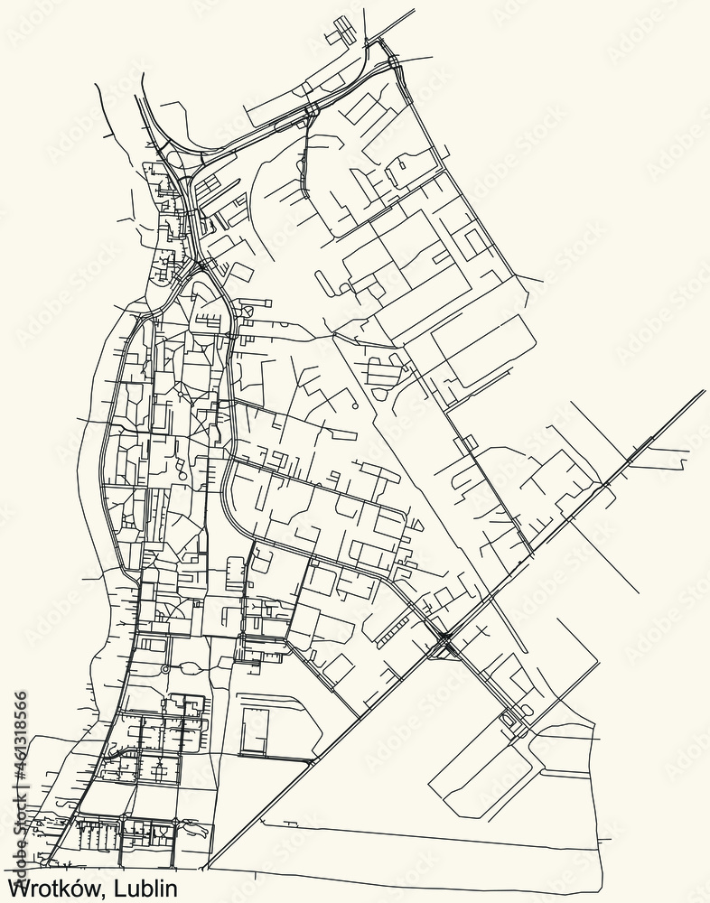 Detailed navigation urban street roads map on vintage beige background of the quarter Wrotków district of the Polish regional capital city of Lublin, Poland