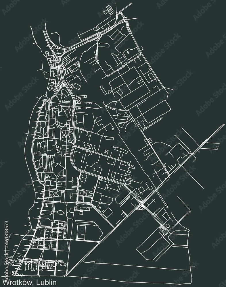Detailed negative navigation urban street roads map on dark gray background of the quarter Wrotków district of the Polish regional capital city of Lublin, Poland