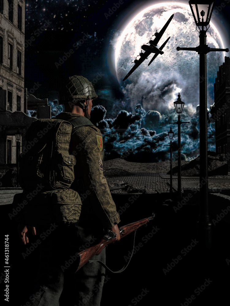 Illustration of a world war 2 night battle scene with a US soldier, US airplane and destroyed buildings.