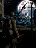 Illustration of a world war 2 night battle scene with a US soldier, US airplane and destroyed buildings.