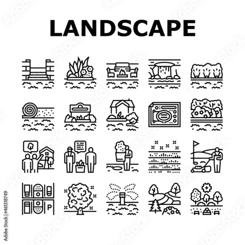 Landscape Design And Accessories Icons Set Vector. Landscape Design Plan And Care Service, Lighting Lamps And Irrigation System, Garden Furniture And Water Features Black Contour Illustrations