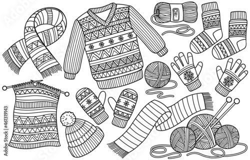 Winter clothes coloring page. Knitted hat and scarf, socks, gloves, Christmas sweater isolated on white background in doodle style