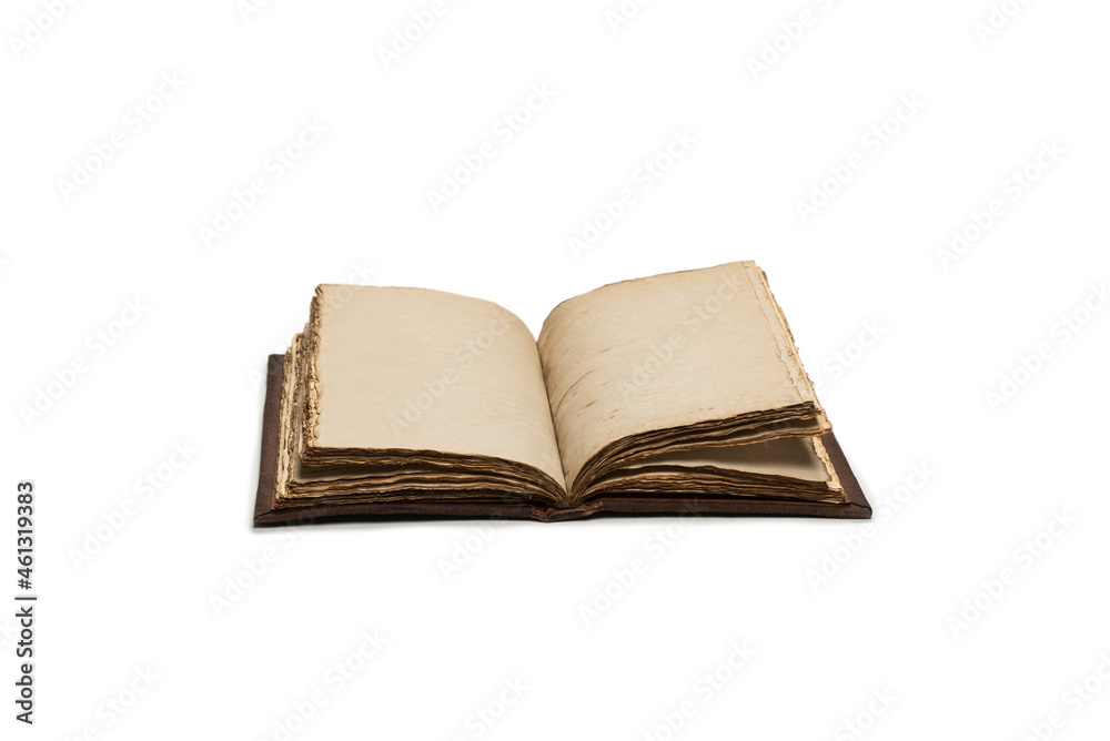 Obraz premium An open empty old notebook isolated on a white background.