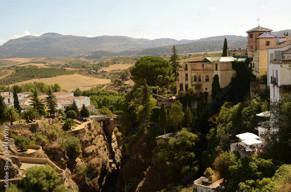 Rhonda. Andalusia. Spain. Town on the rocks, white traditional houses over the cliff. Serrania de Ronda.