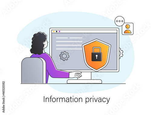 Information privacy. Woman sitting at computer and enters password to access information. Digital security and protection from hackers. Cartoon flat vector illustration isolated on white background .