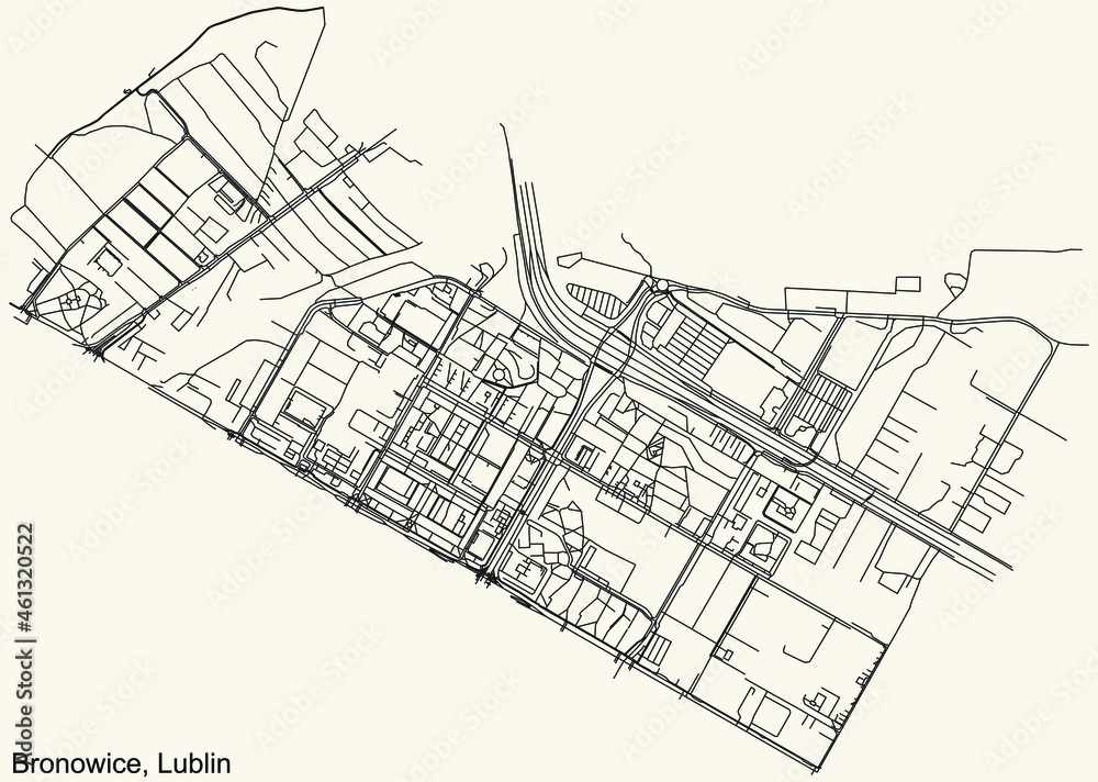 Detailed navigation urban street roads map on vintage beige background of the quarter Bronowice district of the Polish regional capital city of Lublin, Poland