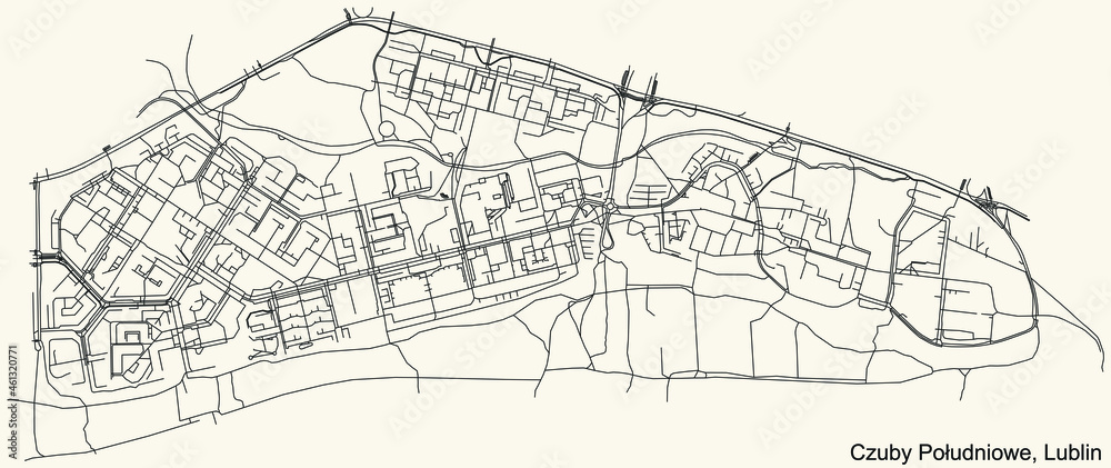 Detailed navigation urban street roads map on vintage beige background of the quarter Czuby Południowe district of the Polish regional capital city of Lublin, Poland