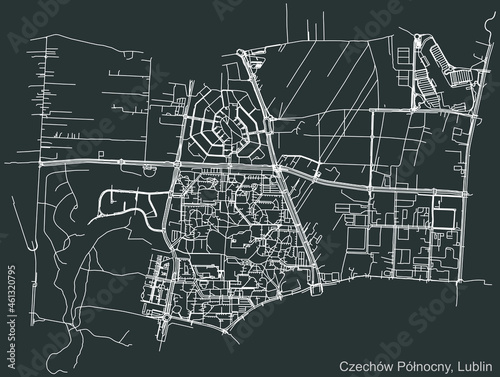 Detailed negative navigation urban street roads map on dark gray background of the quarter Czechów Północny district of the Polish regional capital city of Lublin, Poland