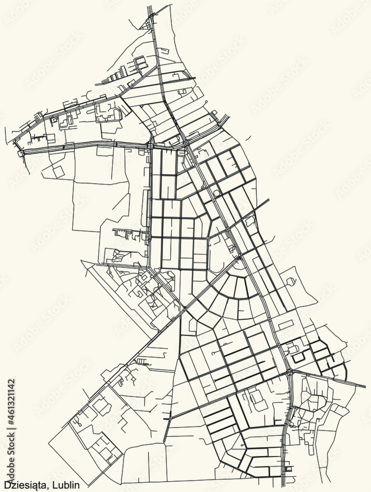 Detailed navigation urban street roads map on vintage beige background of the quarter Dziesiąta district of the Polish regional capital city of Lublin, Poland