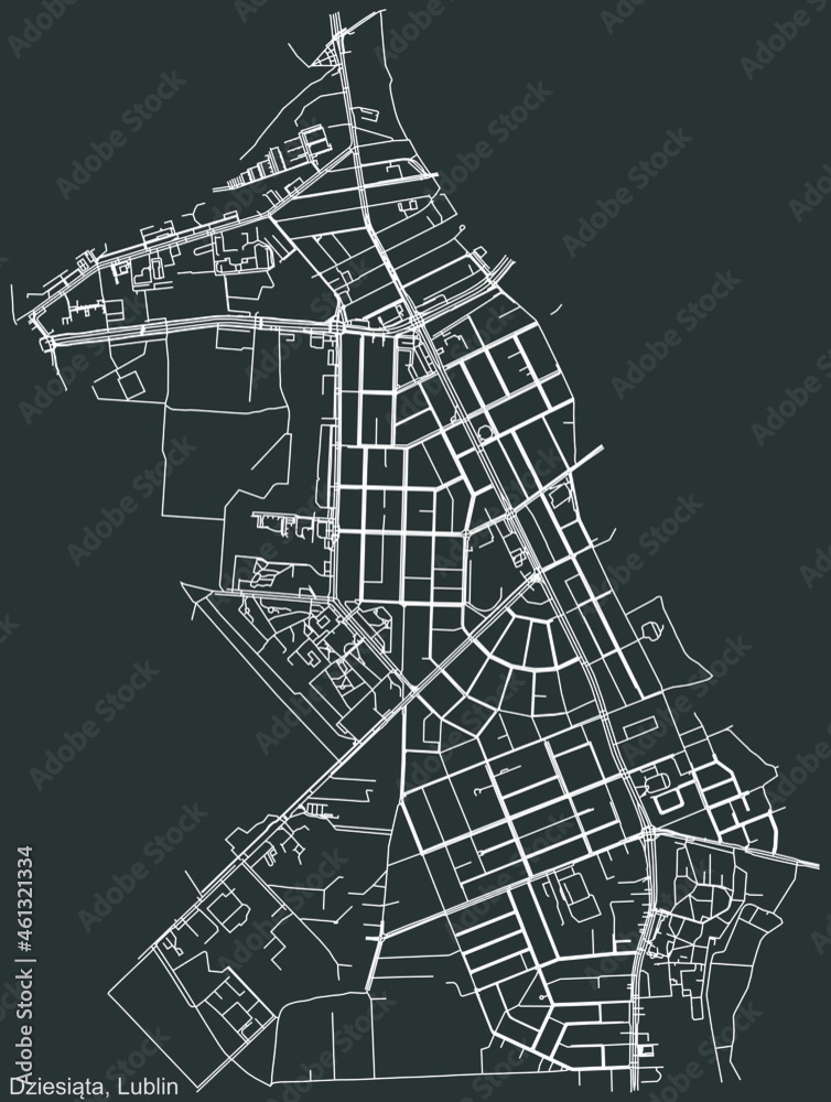Detailed negative navigation urban street roads map on dark gray background of the quarter Dziesiąta district of the Polish regional capital city of Lublin, Poland