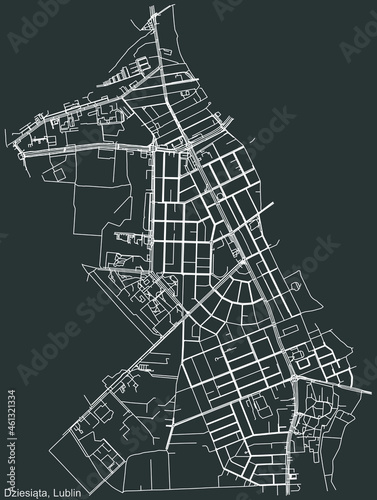 Detailed negative navigation urban street roads map on dark gray background of the quarter Dziesiąta district of the Polish regional capital city of Lublin, Poland