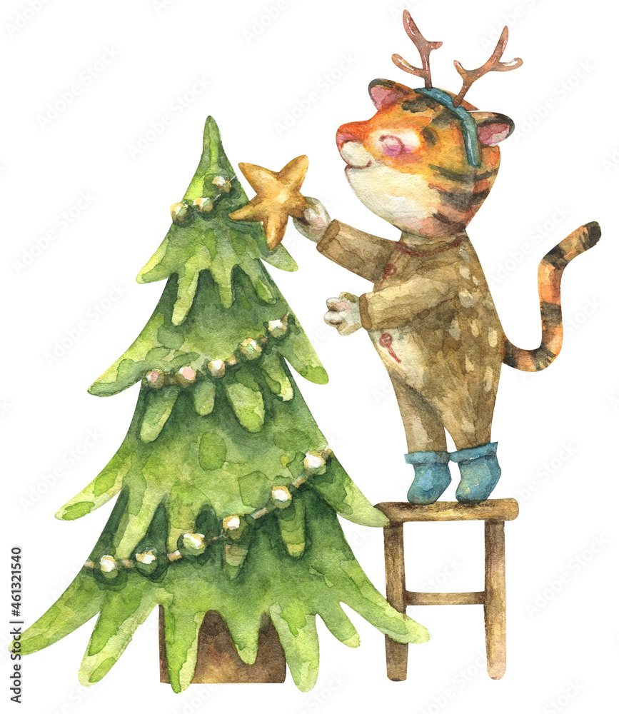 Fototapeta premium Christmas illustration of a cute tiger cub dressed up as a deer. The kid is decorating a Christmas tree.