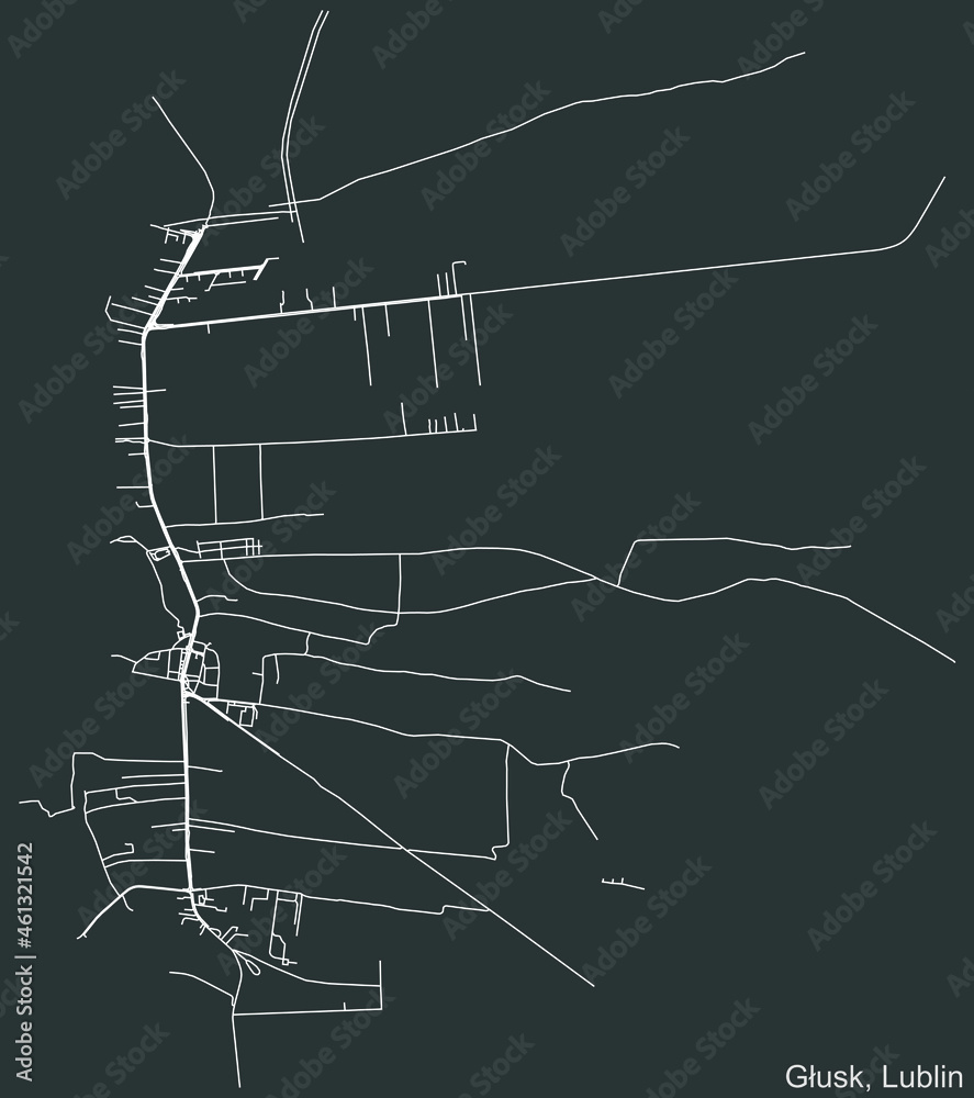 Detailed negative navigation urban street roads map on dark gray background of the quarter Głusk district of the Polish regional capital city of Lublin, Poland