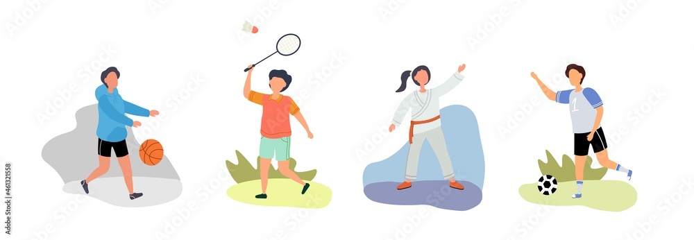Happy children playing sport game. Activity for little boys and girls. Characters engaged in football, tennis, karate and basketball. Cartoon flat vector collection isolated on white background