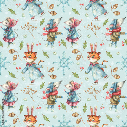 Watercolor christmas seamless pattern with illustration of cute animal mice and tiger cub that are kitten on skates in snowy winter