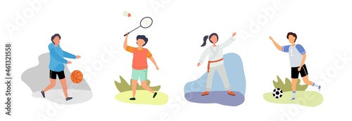 Happy children playing sport game. Activity for little boys and girls. Characters engaged in football, tennis, karate and basketball. Cartoon flat vector collection isolated on white background