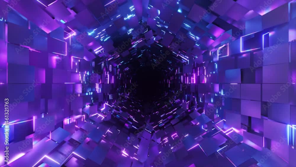 Flying inside a neon hexagonal tunnel vr animation. Background futuristic animation. Chaotic distribution of polygons. Seamless loop animation.