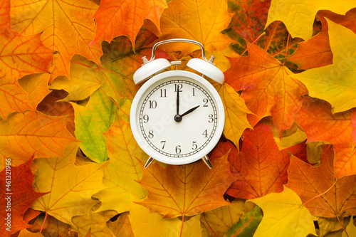 Photography White alarm clock on colorful maple leaves background