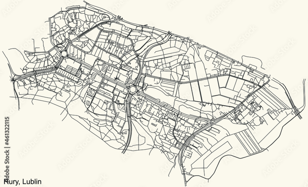 Detailed navigation urban street roads map on vintage beige background of the quarter Rury district of the Polish regional capital city of Lublin, Poland