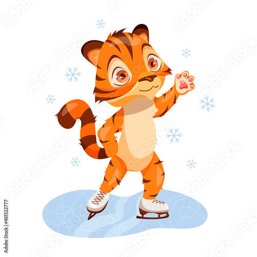 Cute little tiger is skating on white background. Symbol of new year 2022. Chinese New Year of the tiger.