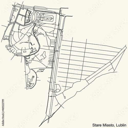 Detailed navigation urban street roads map on vintage beige background of the quarter Stare Miasto district of the Polish regional capital city of Lublin, Poland