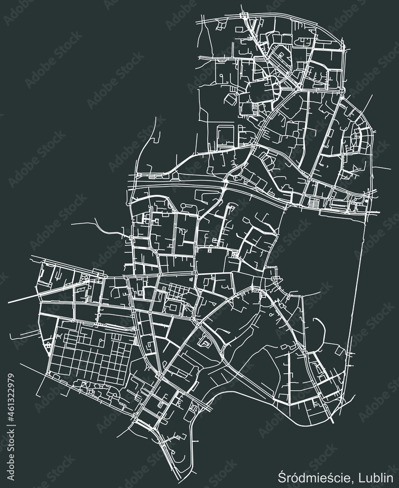 Detailed negative navigation urban street roads map on dark gray background of the quarter Śródmieście district of the Polish regional capital city of Lublin, Poland