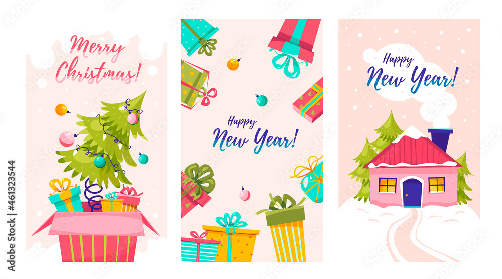 A set of postcards for Christmas and New Year. A set of templates for postcards, posters, flyers, invitations. Christmas, New Year.