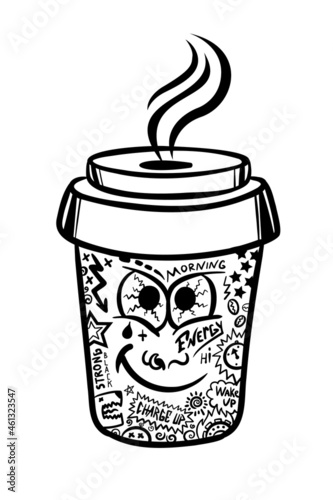 linear graphic drawing in the style of street art. cartoon cup of coffee. graffiti. coffee to take away. street drink. vector illustration.