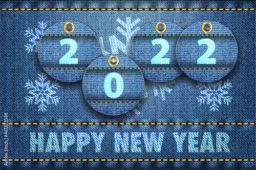 2022 year digits and Happy New Year greetings on blue jeans background.