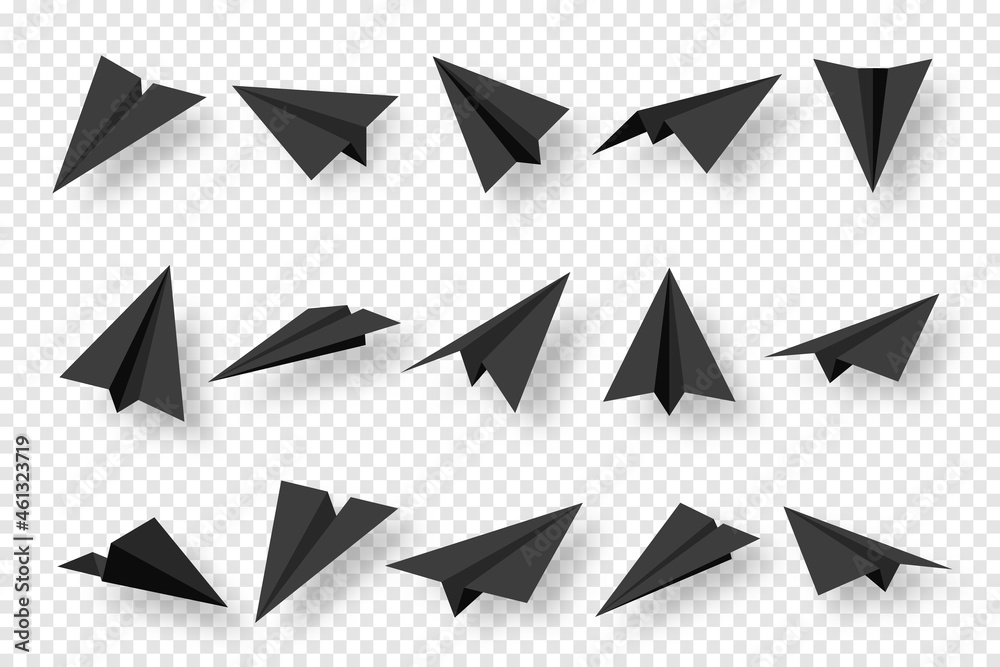 Realistic black handmade paper planes isolated on transparent background. Origami aircraft in flat style. Vector illustration.