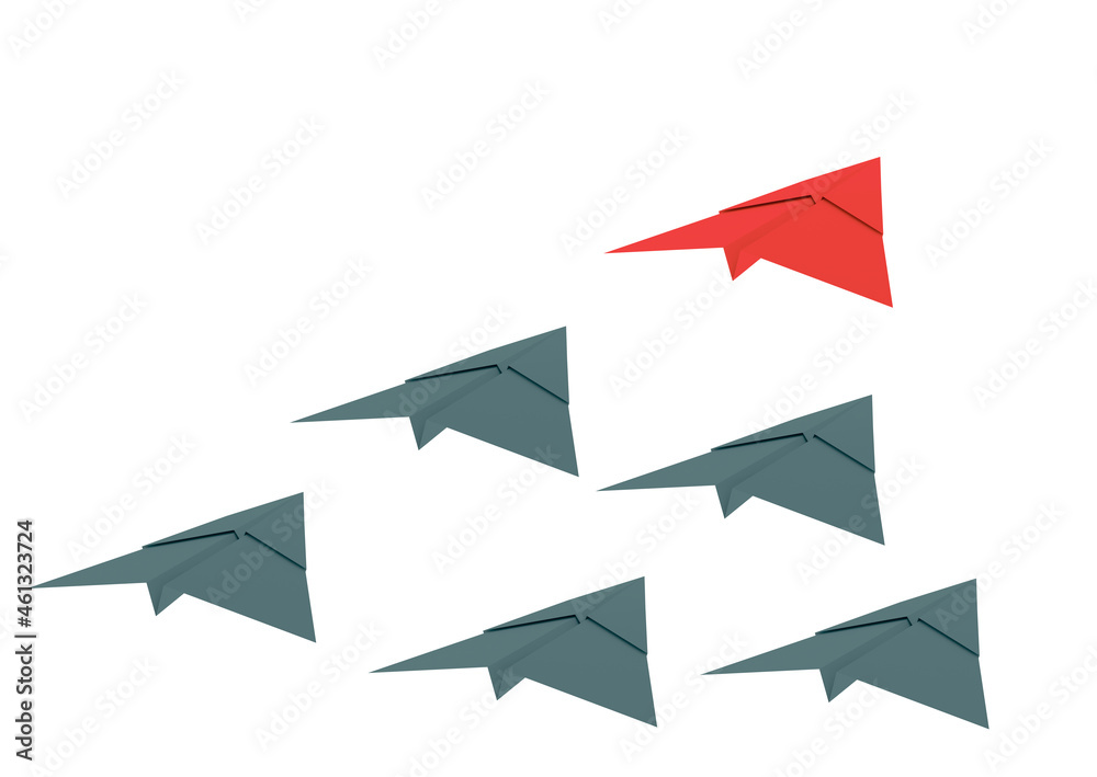 Paper airplanes in grey and red color on a white background, standing out, sky rocket, busines start up Paper airplanes in grey and red color on a white background, standing out, sky rocket, busines start up