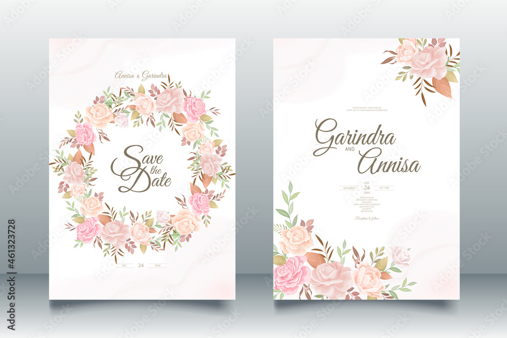  Wedding invitation card template set with beautiful  floral leaves Premium Vector