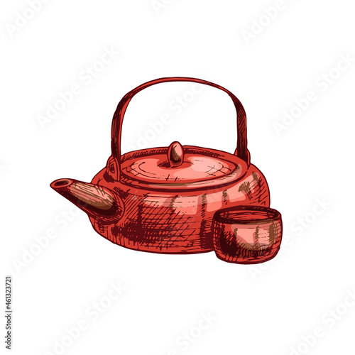 Asian red ceramic teapot and cup. Vintage vector hatching illustration