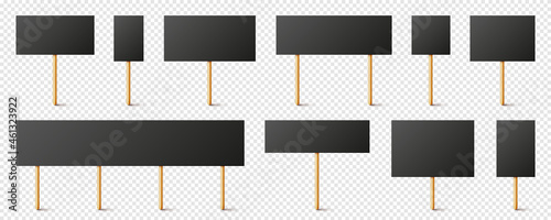 Blank black protest signs with wooden holder. Realistic vector demonstration banner. Strike action cardboard placard mockup.