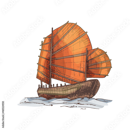 Junk floating on the sea waves. VVintage vector hatching illustration.