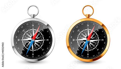 Realistic silver, golden vintage compass with marine wind rose and cardinal directions of North, East, South, West. Shiny metal navigational compass. Cartography and navigation. Vector illustration.