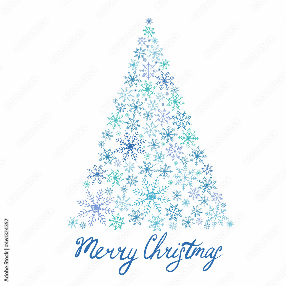 A postcard with a Christmas tree made of snowflakes with the inscription Merry Christmas. Vector illustration on a white background A postcard with a Christmas tree made of snowflakes with the inscription Merry Christmas. Vector illustration on a white background
