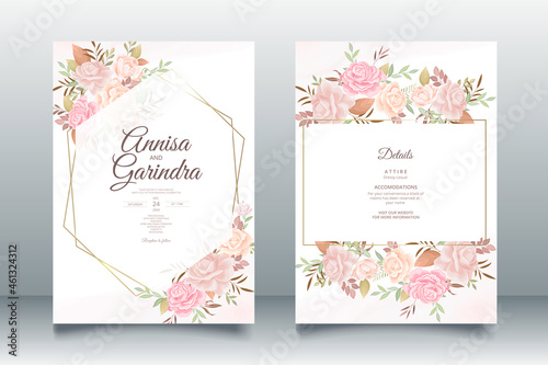  Wedding invitation card template set with beautiful  floral leaves Premium Vector