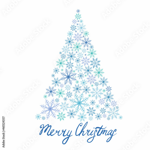 A postcard with a Christmas tree made of snowflakes with the inscription Merry Christmas. Vector illustration on a white background
