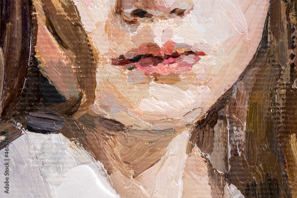 Fragment of art painting. Portrait of a girl with blond hair is made in a classic style. .A woman's face with red lips.