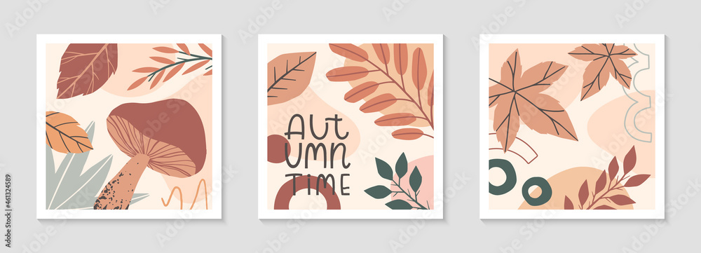 Set of autumn abstract decorative prints with organic various shapes,foliage,mushrooms and lettering - autumn time.Moderm seasonal design.Universal artistic banners.Trendy fall vector illustrations. Set of autumn abstract decorative prints with organic various shapes,foliage,mushrooms and lettering - autumn time.Moderm seasonal design.Universal artistic banners.Trendy fall vector illustrations.