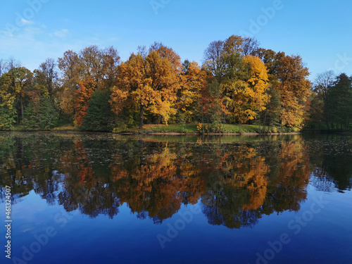 Autumn in the park. Trees with bright, colorful leaves grow around the pond and are reflected in its blue wat