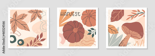 Set of autumn harvest fest abstract decorative prints with pumpkins,mushrooms,organic various shapes,maple foliage.Local food fest design.Agricultural fair.Trendy fall seasonal vector illustrations.